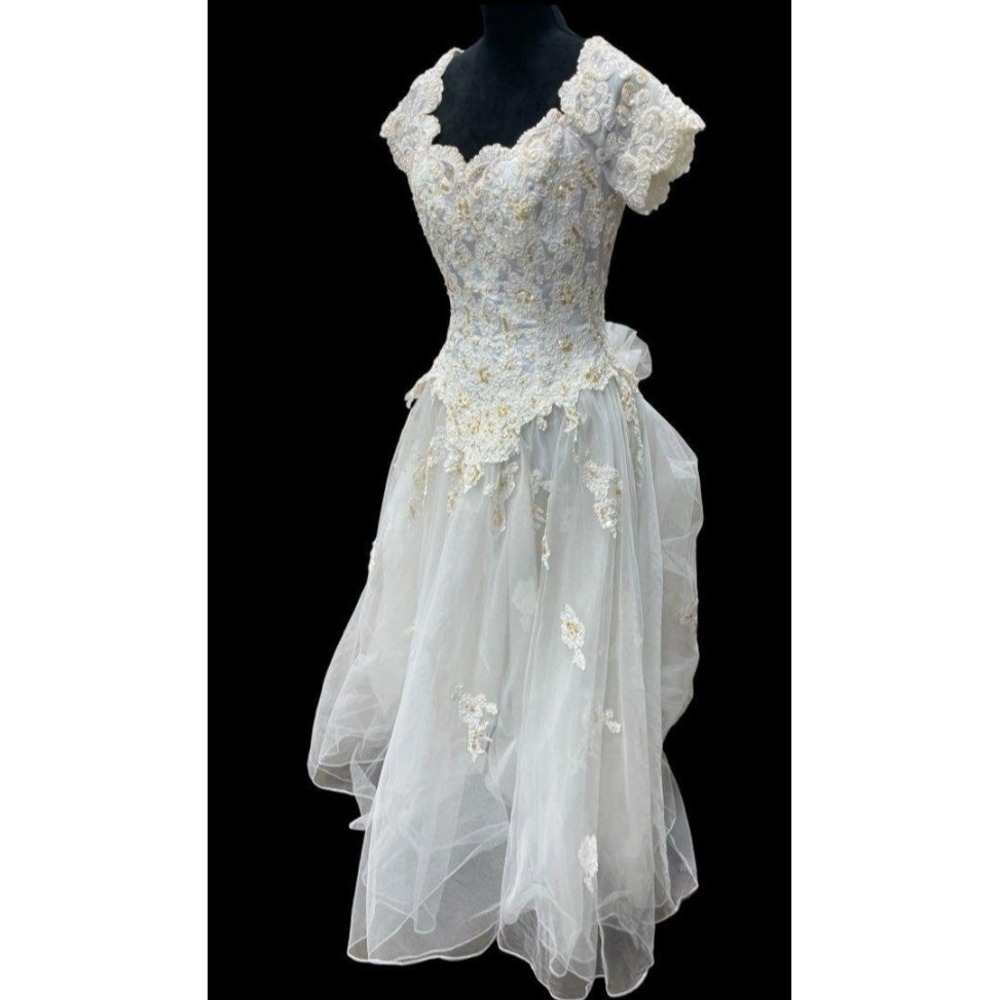 Princess Ball Gown Wedding Dress Sz 16 Faux Pearl Lace Applique Off Shoulder D30 - Picture 6 of 11